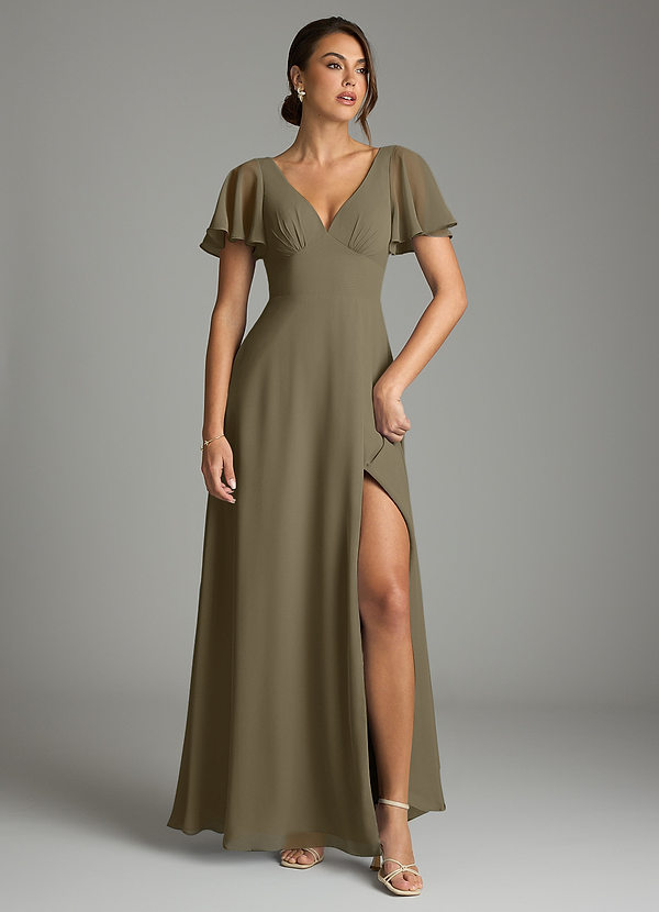 Azazie Kimber Robes de demoiselle d'honneur Robe Trapèze en Mousseline de soie Manches à volants Vert Saule image1