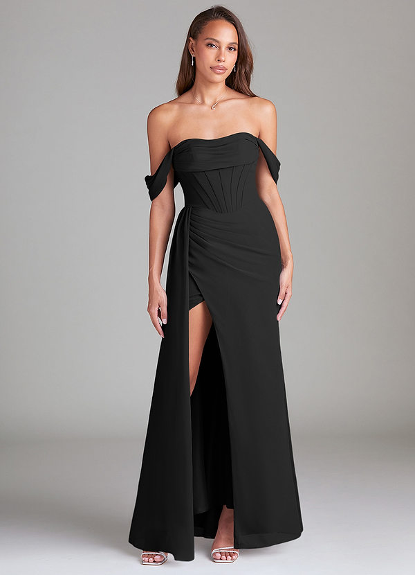 Azazie Amyra Bridesmaid Dresses Black Sheath Off the Shoulder Chiffon Convertible Dress image1