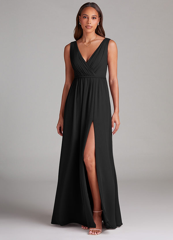 Azazie Tanicia Bridesmaid Dresses Black A-Line Pleated Chiffon Dress image1