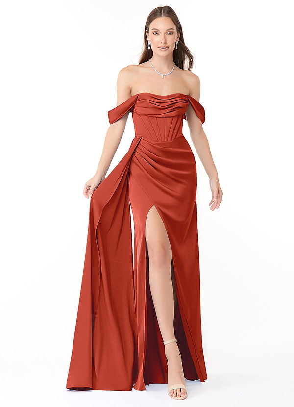 Azazie Amyra Bruidsmeisjes Jurken Converteerbaar Jurk van Stretch Satijn met Kolom Off the Shoulder Roest image1