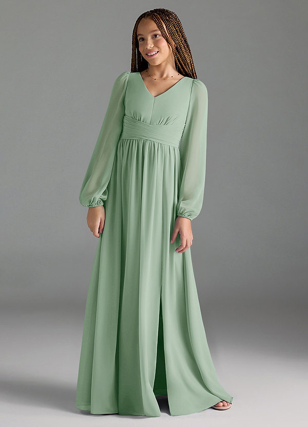Azazie Norah Junior A-Linie Plissee Chiffon Kleid Agave image1