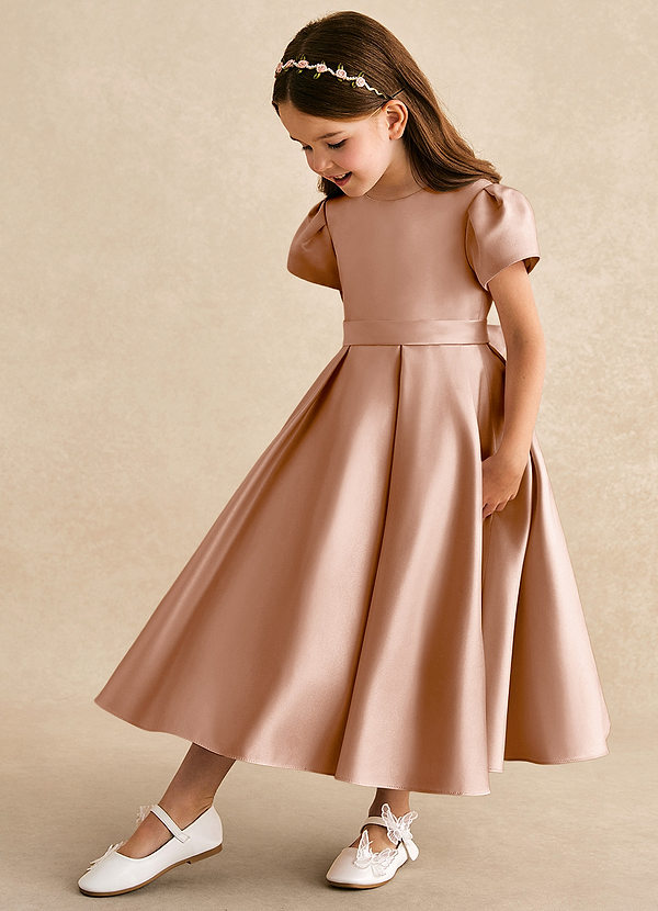 Azazie Princess Flower Girl Dresses Champagne Rose A-Line Pleated Matte Satin Dress image1