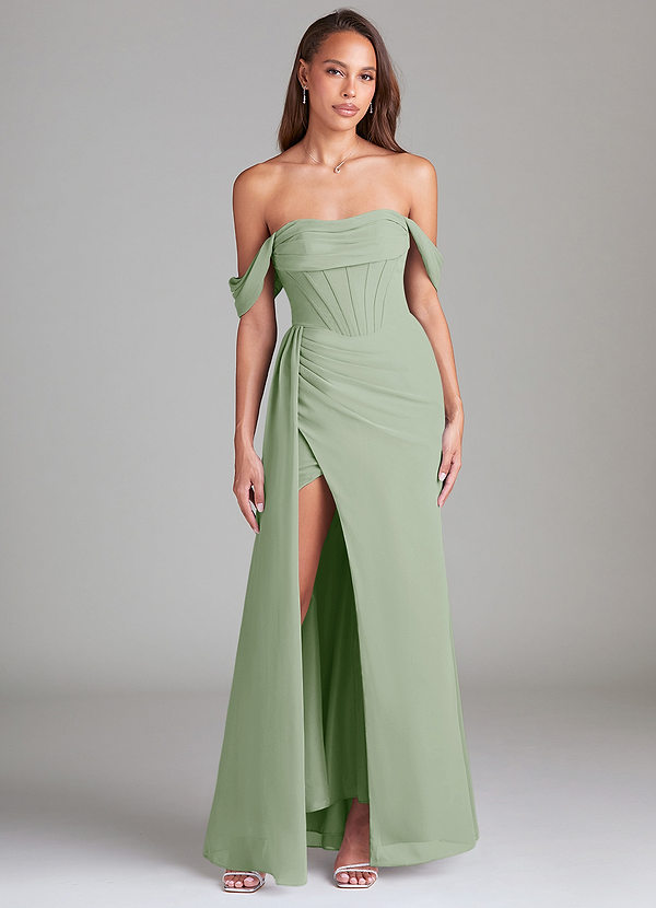 Azazie Amyra Bridesmaid Dresses Dusty Sage Sheath Off the Shoulder Chiffon Convertible Dress image1