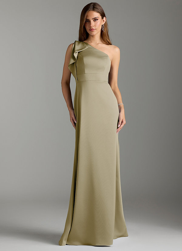 Azazie Rinna Bridesmaid Dresses Moss Green Mermaid Ruched Stretch Satin Dress image1