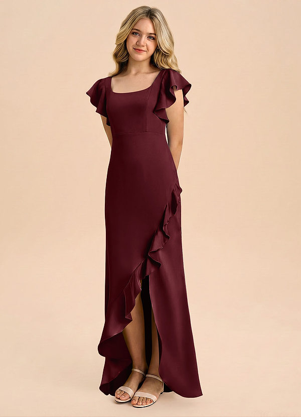 Azazie Demi Junior Cabernet Mermaid Bow Stretch Satin Dress image1
