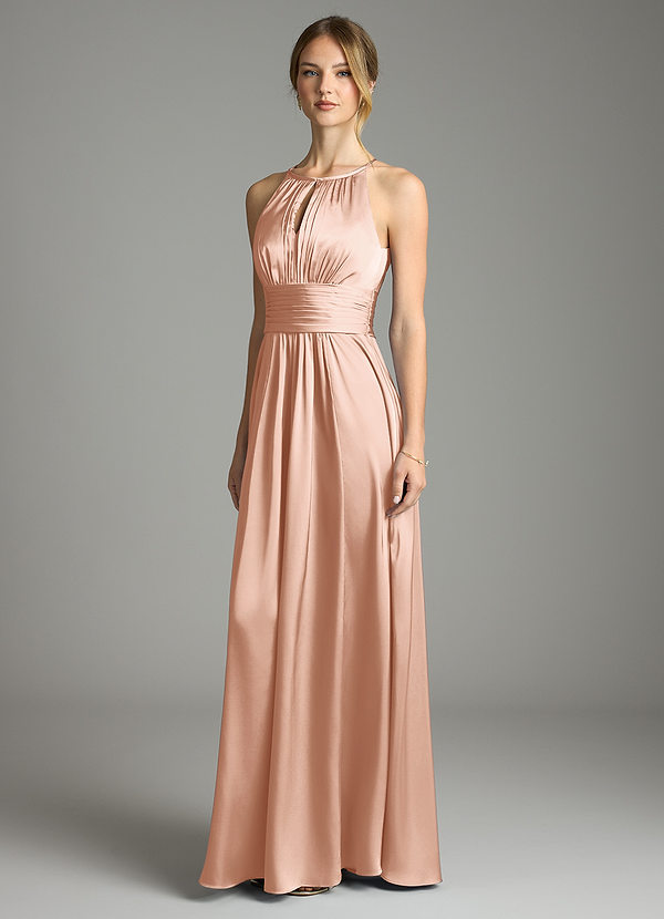 Azazie Bonnie Robes de demoiselle d'honneur Robe Trapèze en Satin extensible Plissée Or Rose image1