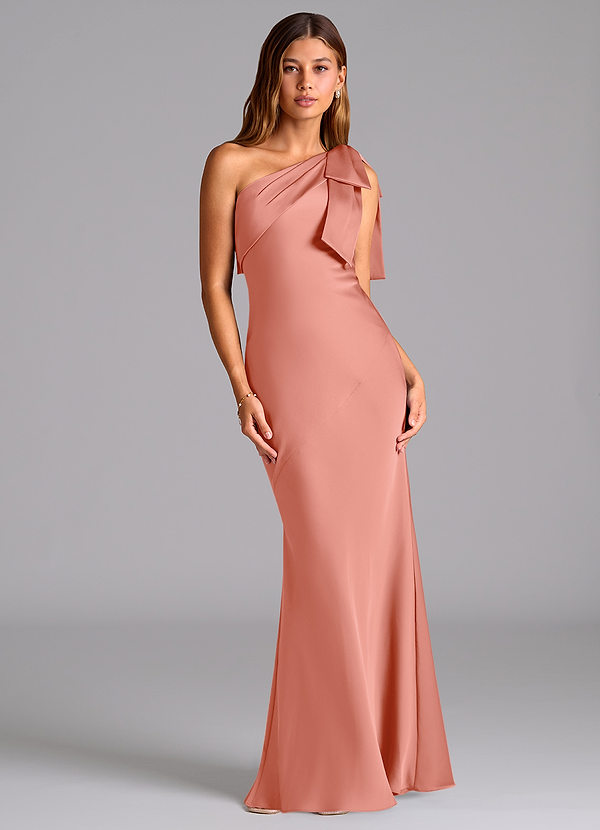 Azazie Yuanna Bridesmaid Dresses Coral Mermaid One Shoulder Stretch Satin Dress image1