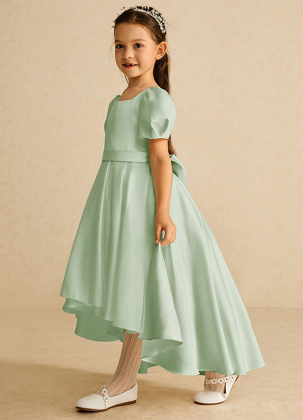 Azazie Zippy Flower Girl Dresses Dusty Sage A-Line with Sleeves Matte Satin Dress image1