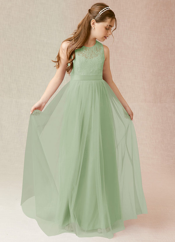 Azazie Georgette Junior Dusty Sage A-Line Lace Tulle Dress image1