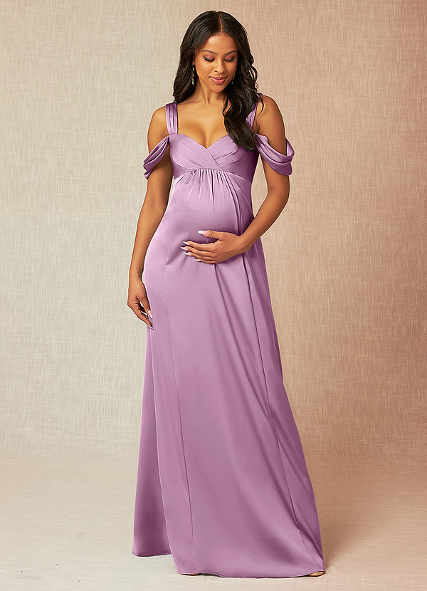 Azazie Rhea Vestidos de dama de honor de maternidad Vestido de Corte En A Off The Shoulder Plisado Hasta el suelo Satén Elástico image1