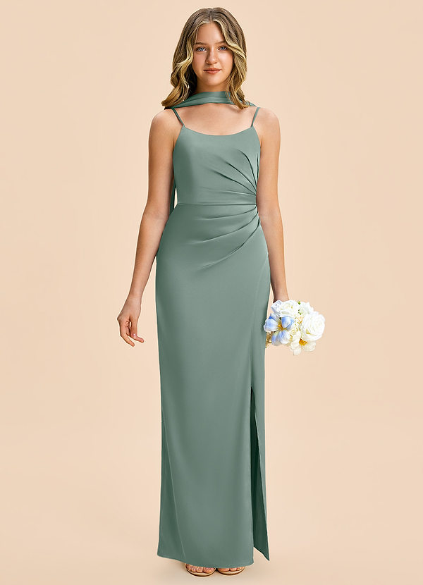 Azazie Calandra Junior Silver Sage Sheath Pleated Stretch Satin Dress image1