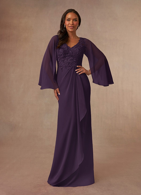 Azazie Perry Mother of the Brides Dresses Plum Mermaid V-Neck Lace Chiffon Dress image1