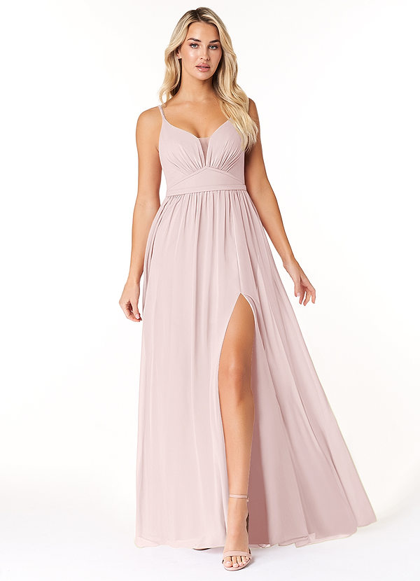 Azazie Rayna Bridesmaid Dresses Blushing Pink A-Line V-Neck Pleated Chiffon Dress image1