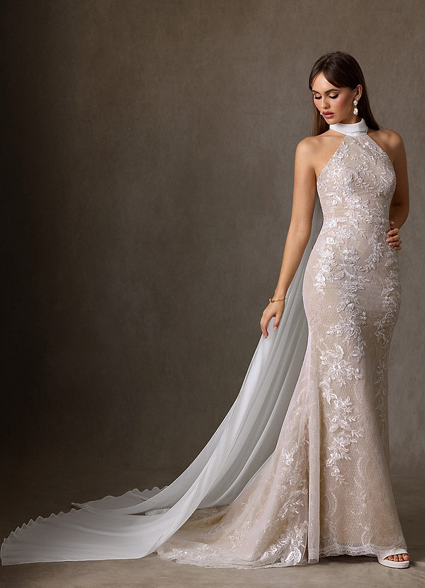 Azazie Kaiyana Abiti da Sposa Abito Tubino in Pizzo Collo Alto Diamante Bianco Nudo image1