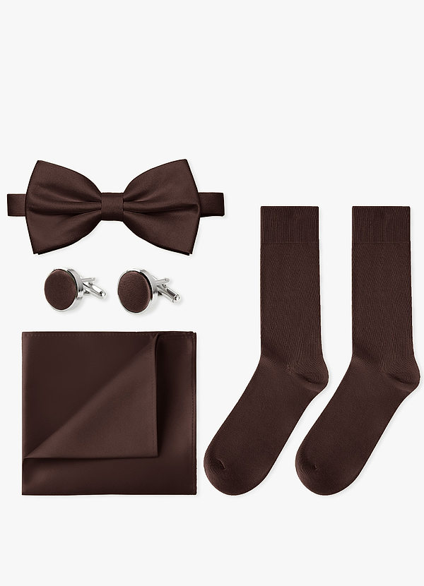 front Passendes Set aus Fliege, Einstecktuch, Manschettenknöpfen und Socken