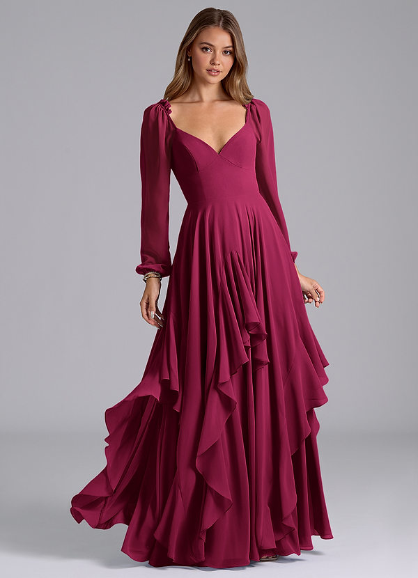 Azazie Karan Abiti da Damigella Abito A-Line in Chiffon Maniche Lunghe Borgogna image1