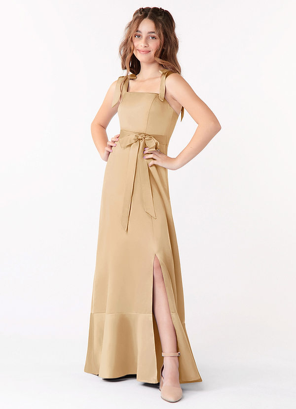 Azazie Barbara Junior Gold A-Line Bow Stretch Satin Dress image1