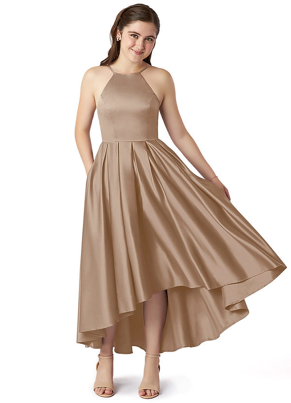 Azazie Jemima Junior Taupe A-Line with Pockets Stretch Satin Dress image1