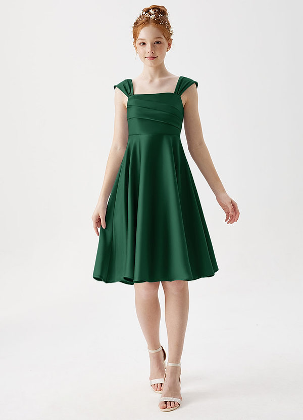 Azazie Amira Junior Dark Green A-Line Pleated Stretch Satin Dress image1