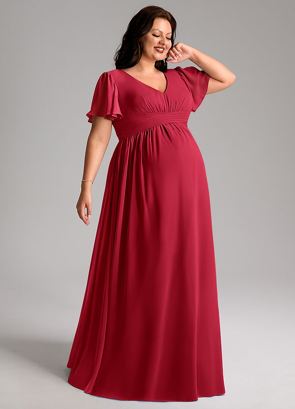 Azazie Verna Vestidos de dama de honor de maternidad Vestido de Corte en A Cuello en V fruncido Hasta el suelo Gasa image1