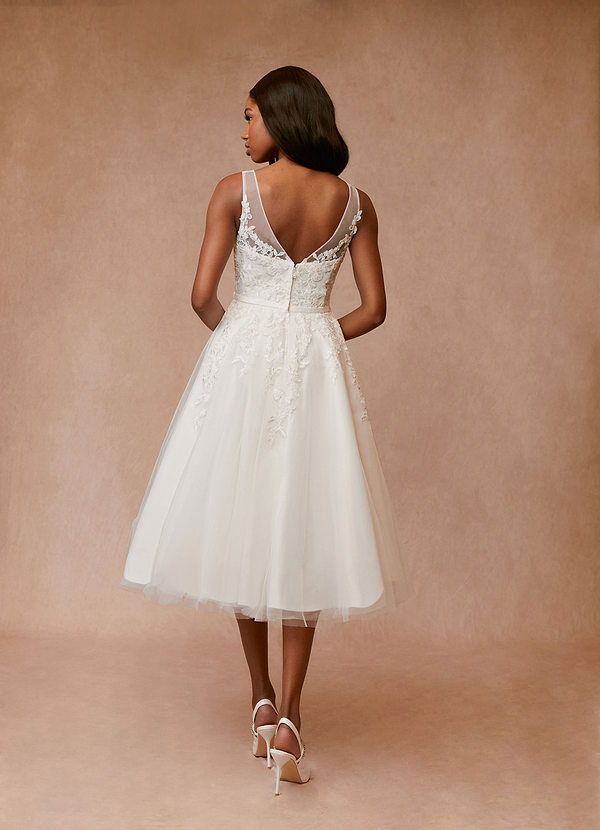 Azazie Dolores Wedding Dresses A-Line V-Neck lace Satin Tea-Length Dress image2