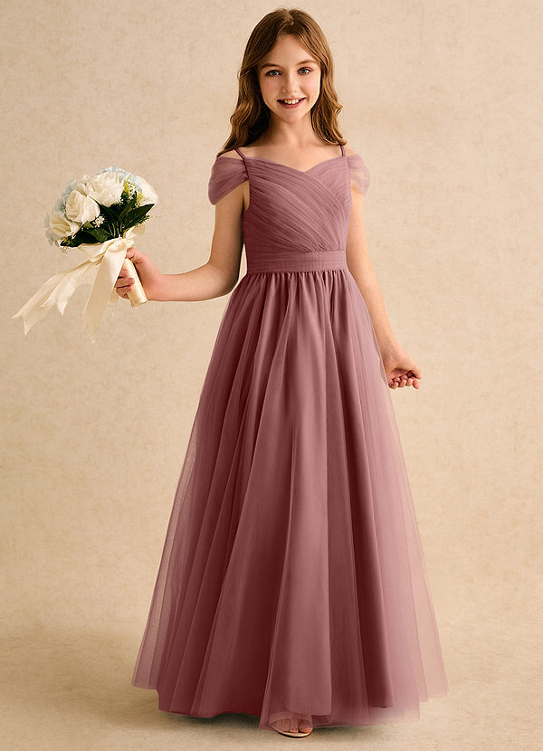 Azazie Yuna Girls Formal Abiti da Ragazza di Fiori Abito A-Line in Tulle a Spalla Scoperta Rosa Del Deserto image1