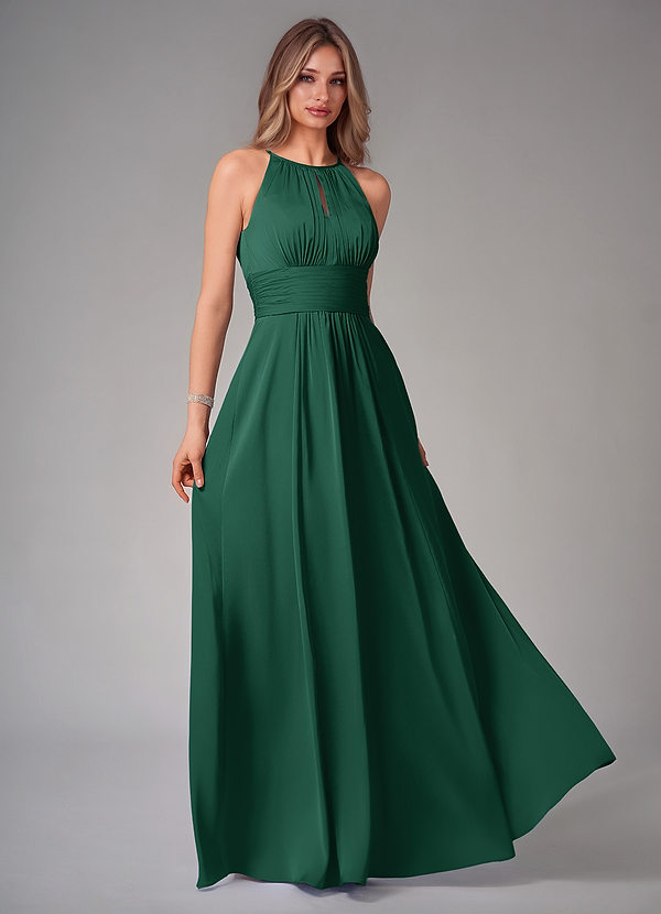 Azazie Bonnie Robes Demoiselle d'honneur Robe Trapèze en Satin extensible Plissée Vert Foncé image1