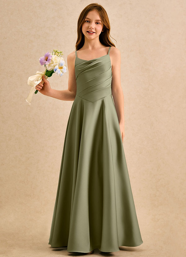 Azazie Coconut Girls Formal Flower Girl Dresses Pistachio A-Line Pleated Stretch Satin Dress image1