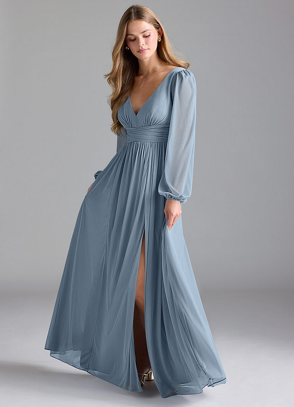 Azazie Norah Bridesmaid Dresses Dusty Blue A-Line Mesh Dress image1
