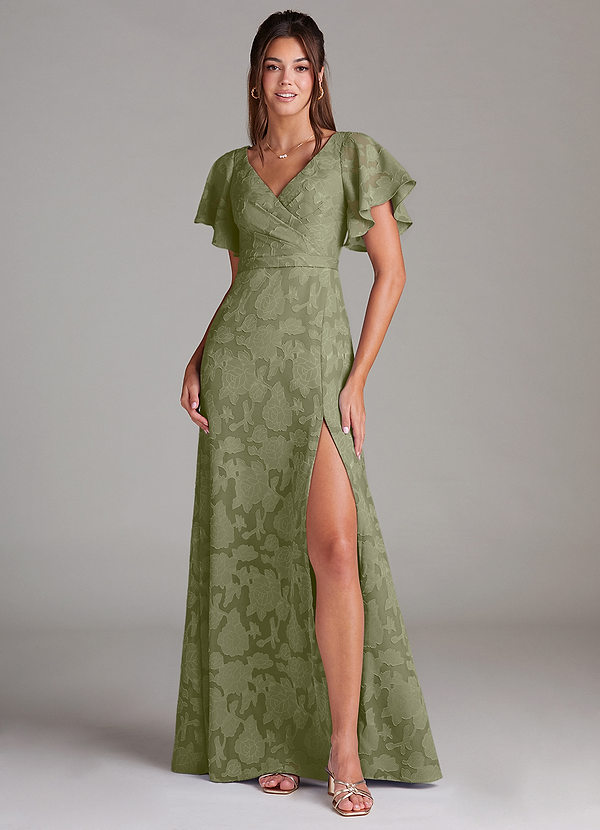 Azazie Ambrosia Bruidsmeisjes Jurken Jurk van Bloemen Burn-out met A-Lijn Geplooid Pistache image1