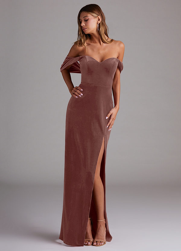 Azazie Shay Bridesmaid Dresses Rustic Rose Sheath Off the Shoulder Velvet Convertible Dress image1