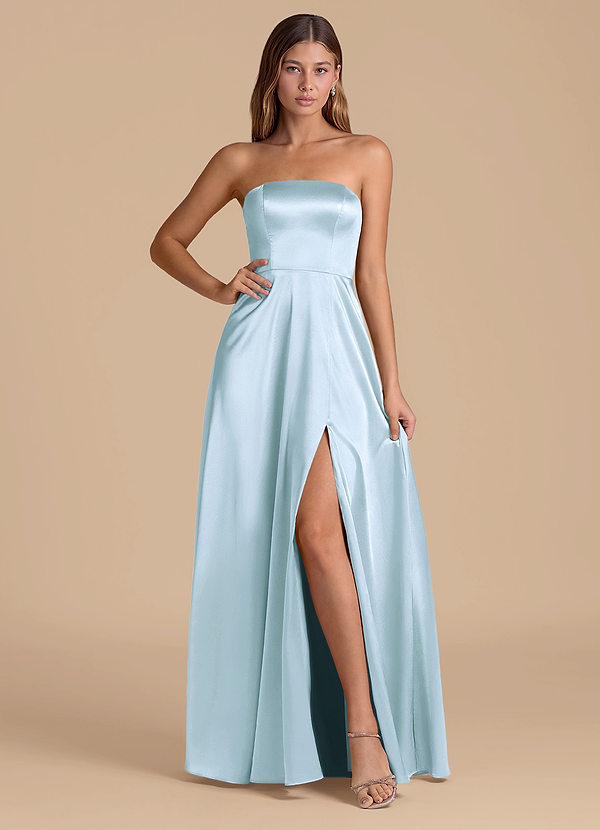 Azazie Wren 신부 들러리 드레스 A라인 스트랩리스 메탈릭 새틴 바닥 길이 드레스 image1