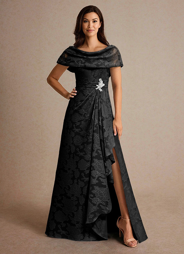 Azazie Branford Vestidos de Madre de la Novia Vestido de Negro de Devorado Floral de Corte En A con Plisado image1