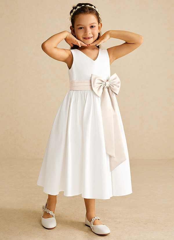 Azazie Darling Flower Girl Dresses Ivory White Alabaster A-Line Bow Cotton Dress image1