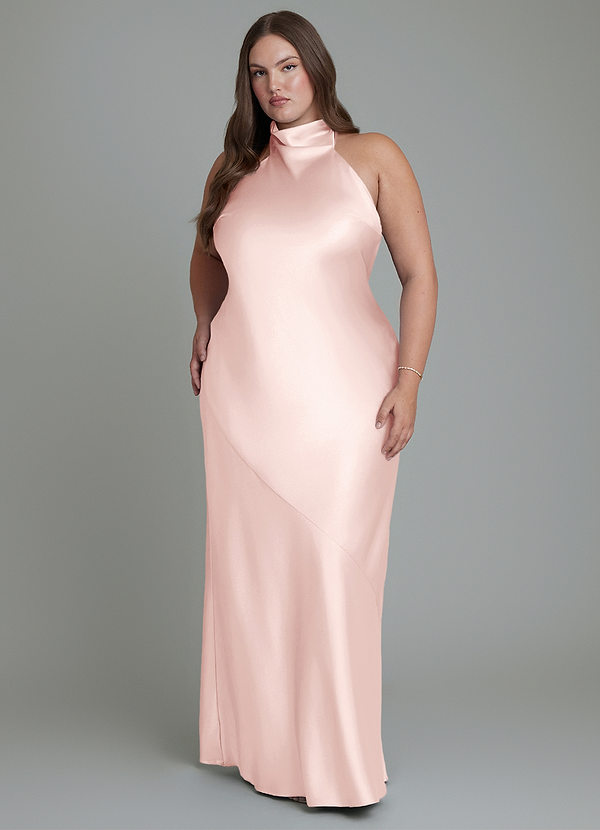 Azazie Velli Vestidos de dama de honor Vestido Rosa Rubor de Satén Metálico de Corte Recto con Cuello alto image1