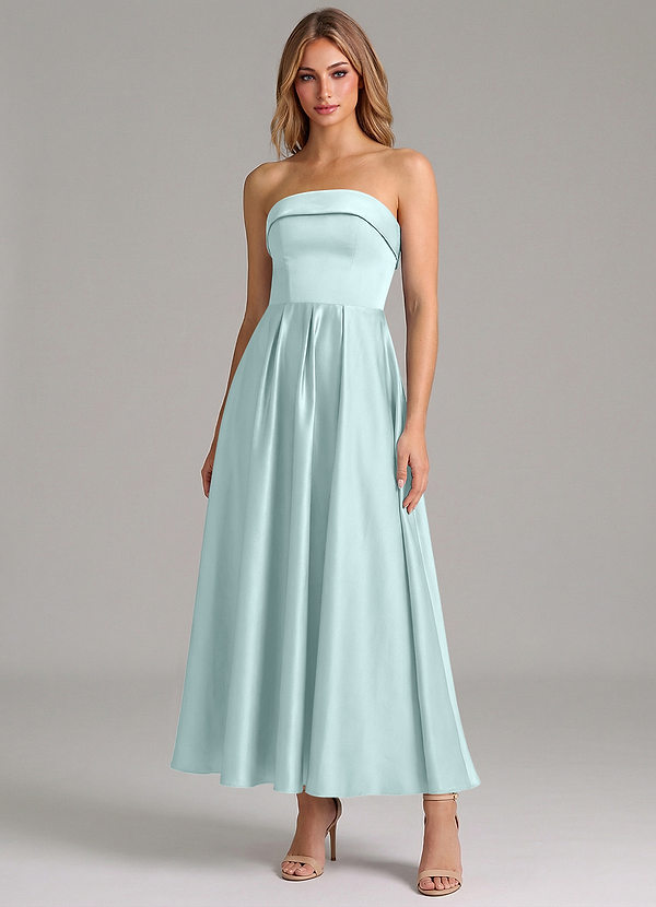 Azazie Lucienne Bridesmaid Dresses Sea Glass A-Line Pleated Stretch Satin Dress image1
