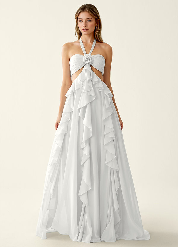 Gelsomina Biały Suknia balowa z falbaną w kształcie litery A z szyfonu z 3D kwiatami image1