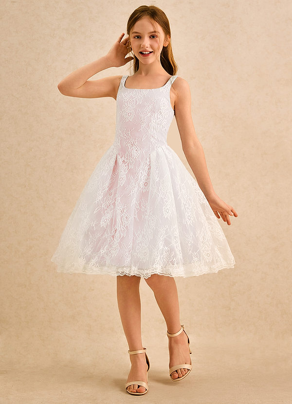 Azazie Cubbie Girls Formal Flower Girl Dresses Blushing Pink A-Line Lace Dress image1