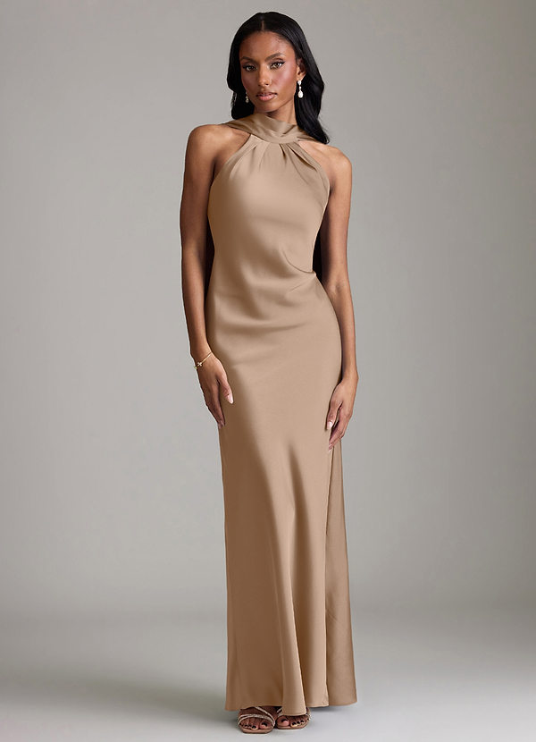 Azazie Cassiana Bruidsmeisjes Jurken Jurk van Stretch Satijn met Zeemeermin Geplooid Taupe image1