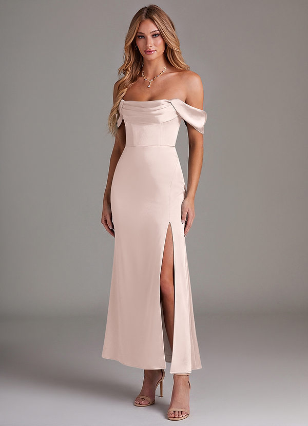 Azazie Saige 신부 들러리 드레스 인어 오프 더 숄더 스트레치 새틴 발목 길이 드레스 image1