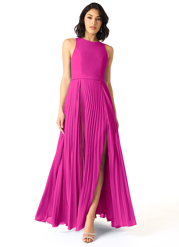 Azazie Lindie Bridesmaid Dresses Fuchsia A-Line Scoop Pleated Chiffon Dress image1