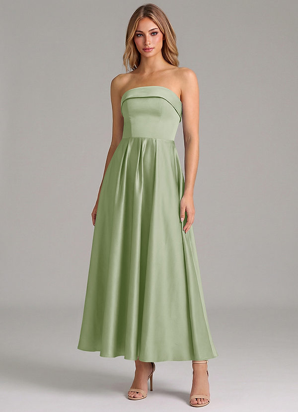 Azazie Lucienne Robes de demoiselle d'honneur Robe Trapèze en Satin extensible Plissé Vert Sauge image1