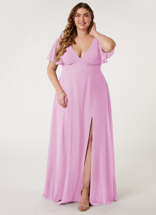 Azazie Kimber Bridesmaid Dresses Candy Pink A-Line Flounce Sleeve Chiffon Dress image1
