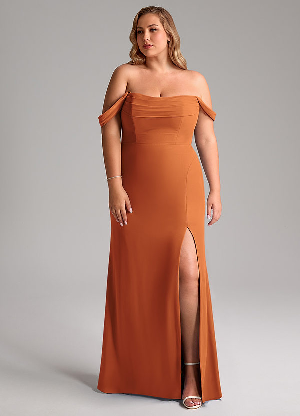 Azazie Saige Bridesmaid Dresses Cinnamon A-Line Off the Shoulder Chiffon Convertible Dress image1