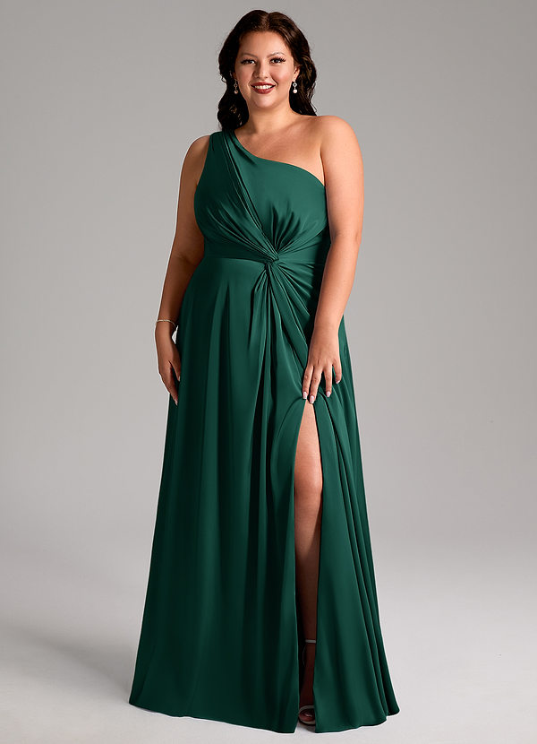 Azazie Brooke Bridesmaid Dresses Emerald A-Line One Shoulder Stretch Satin Dress image1