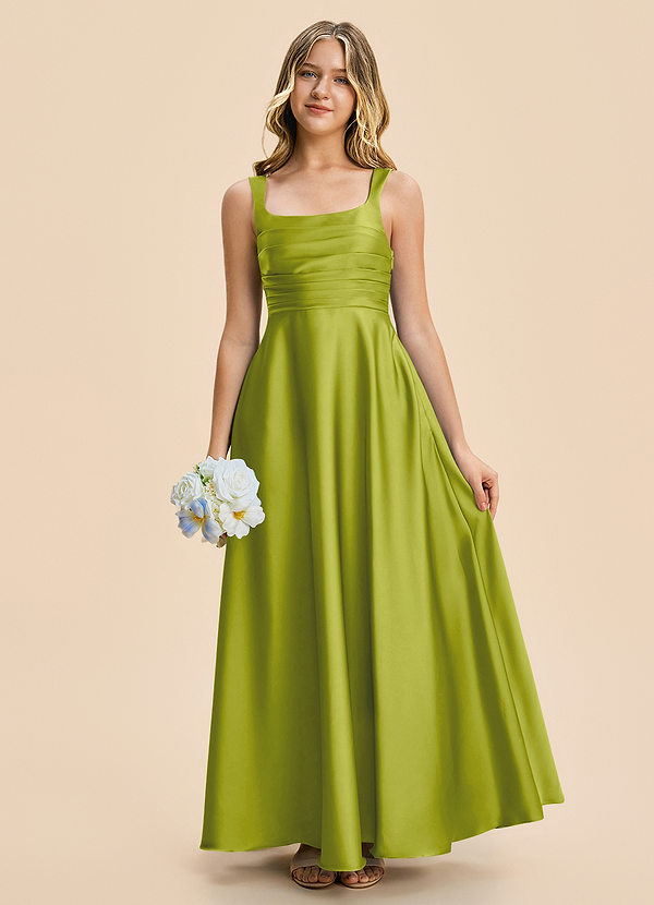 Azazie Azaria Junior A-Linie Plissee Stretch-Satin Kleid Zitronengras image1