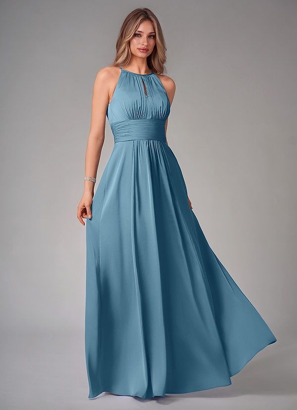Azazie Bonnie Brautjungfernkleider Eine Linie Plissee Stretch-Satin Kleid Bermudablau image1