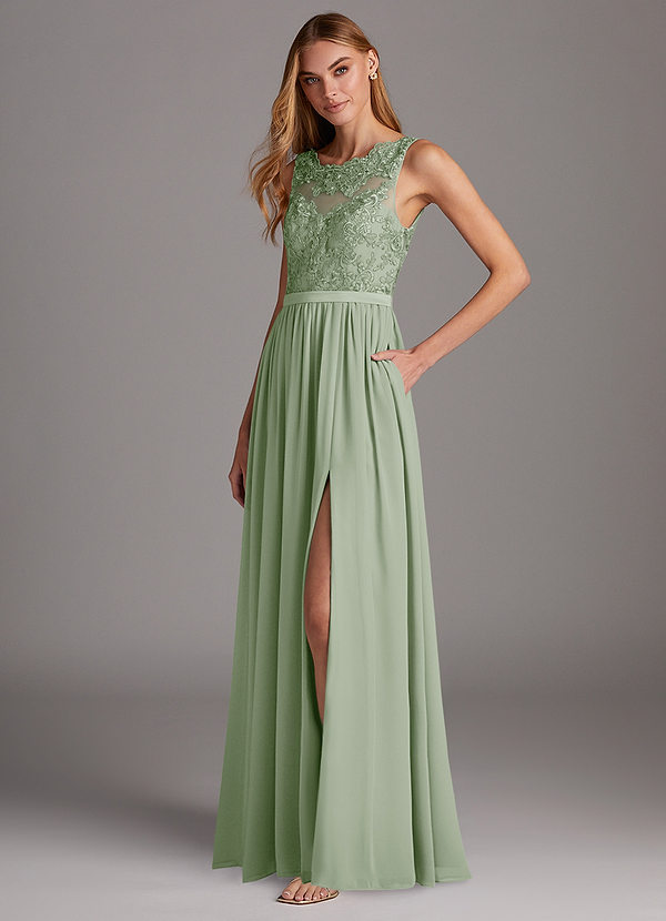 Azazie Elly Abiti da Damigella Abito A-Line in Chiffon Scollo a barchetta in pizzo Verde Salvia image1