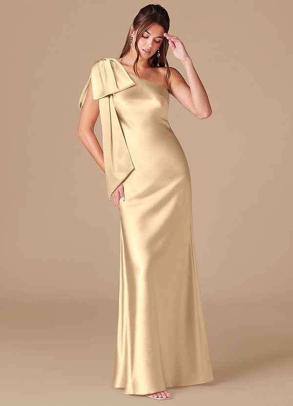 Azazie Capri Bridesmaid Dresses Gold Sheath One Shoulder Metallic Satin Dress image1