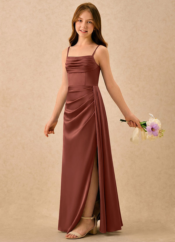 Azazie Shyla Girls Formal Bloemenmeisjesjurken Kolom Jurk van Stretch Satijn Geplooid Kastanjebruin image1